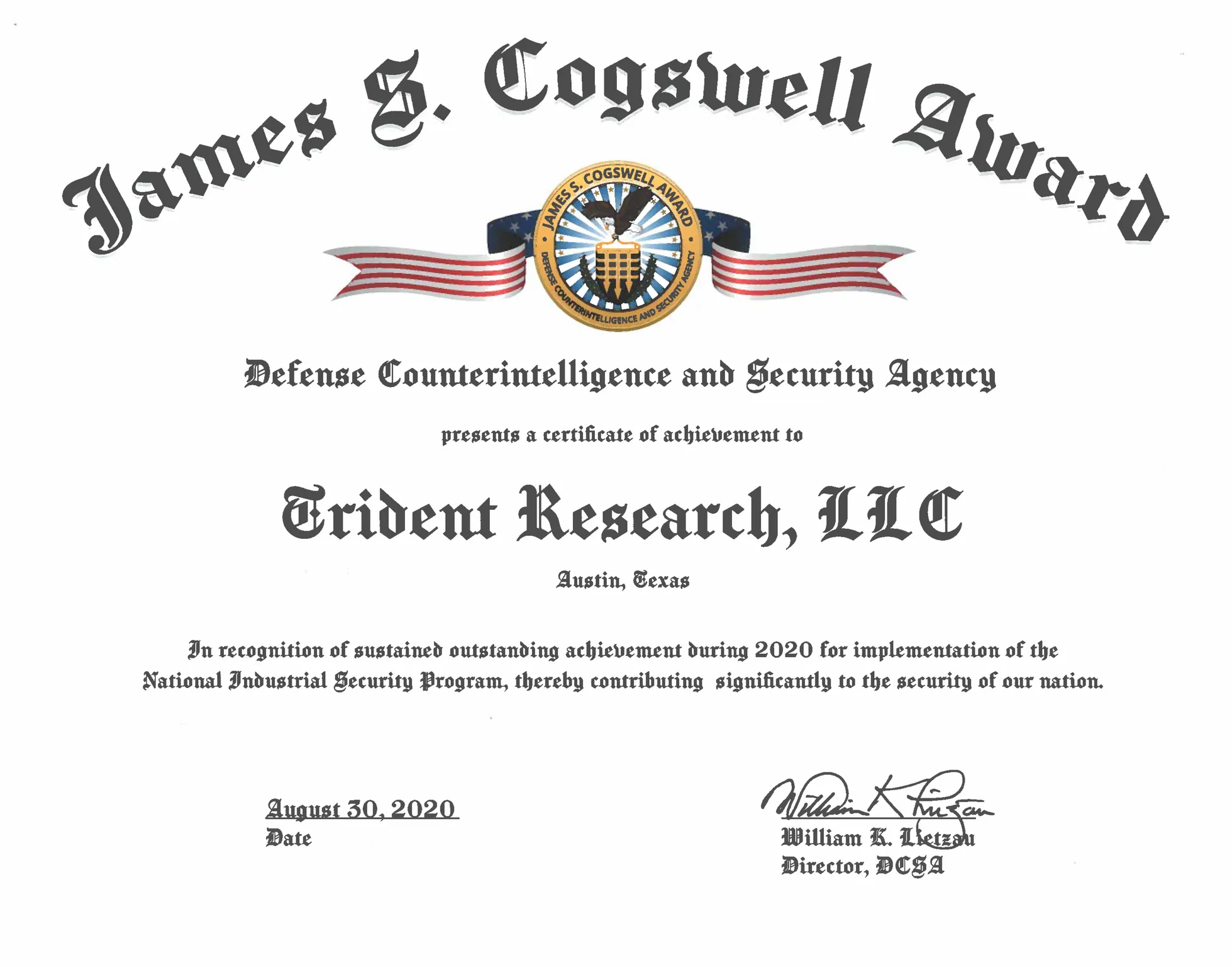 The James S. Cogswell Award certificate from the Defense Counterintelligence and Security Agency, presented to Trident Research, LLC of Austin, Texas, for sustained outstanding achievement during 2020 in implementing the National Industrial Security Program, signed by DCSA Director William K. Lietzau