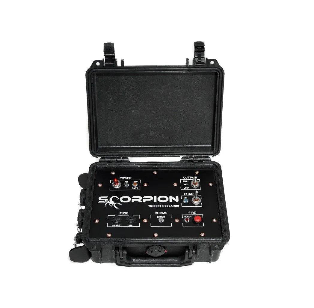 A black rugged case with its lid raised, showing a black control panel with the SCORPION name, toggle switches, a red button, small indicator lights and two fuse holders, and capped connectors down the left side