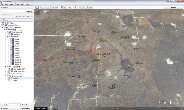 A Google Earth window showing an aerial view of scrubland and tracks with numbered sensor markers scattered across it, a red line between two points, and a list of sensors and events in the side panel