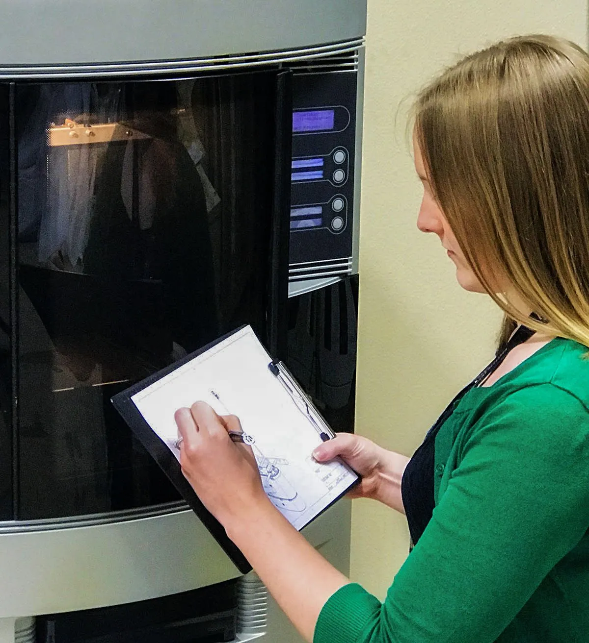 A woman in a green cardigan marking up a technical drawing on a clipboard beside a tall grey glass-fronted lab machine with a control panel