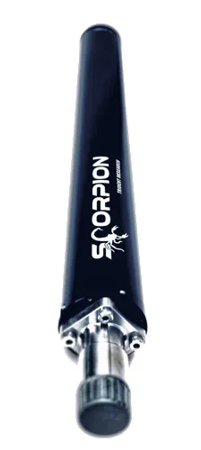 A black Scorpion acoustic source by Trident Research seen end-on from its connector, the tube receding with the Scorpion logo along its side, on a white background