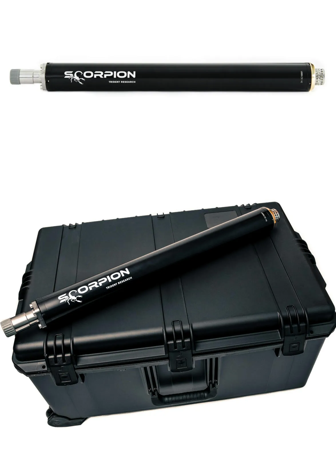 A black cylindrical Scorpion acoustic source by Trident Research, shown on its own and again lying across a black hard transport case, on a white background