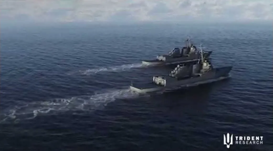A rendered aerial view of two grey warships underway in close formation on open sea under an overcast sky, the nearer ship a little ahead of the other, white wakes trailing behind them, with the Trident Research logo in the corner