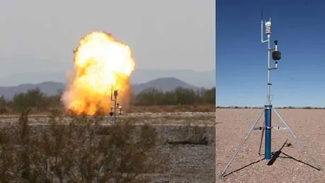 On the left, a remote sensor with a yellow-orange fireball detonating behind it in desert scrub; on the right, a sensor on a blue tripod standing on bare ground under a blue sky