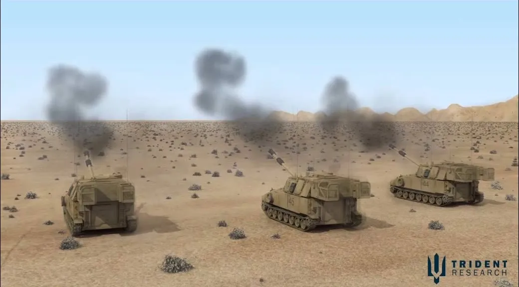 A rendered desert scene of three self-propelled howitzers firing in a line, smoke rising from each barrel, with the Trident Research logo in the corner
