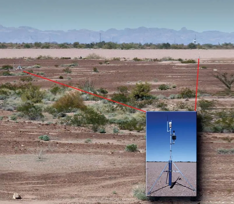 A desert test range with two sensor positions joined by red lines to an inset photo of a weather and acoustic sensor on a blue tripod standing on bare ground